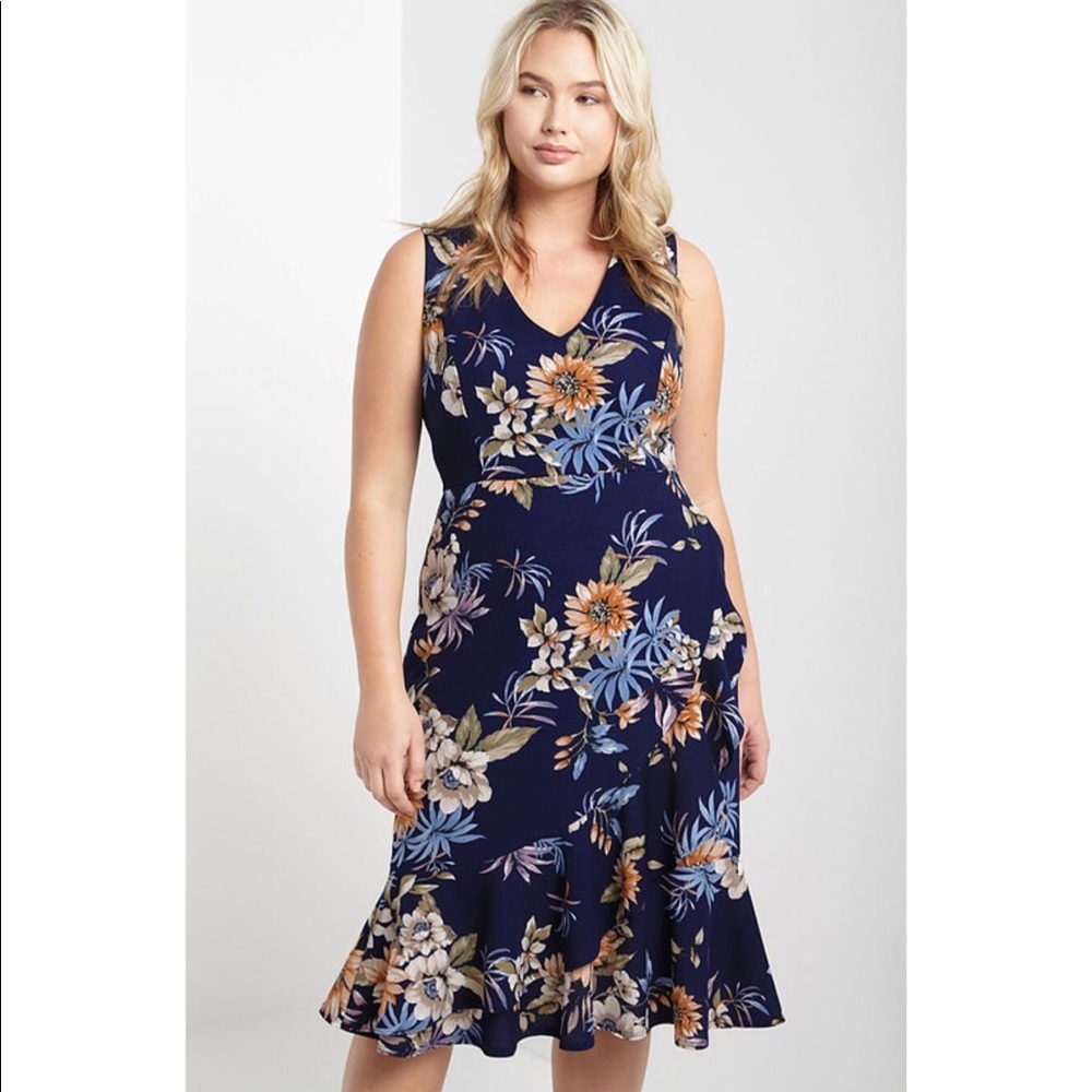 Navy Floral Print Ruffle Hem Dress